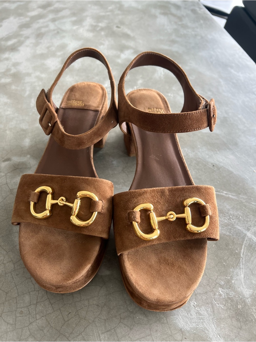 Jeffrey Campbell  Suede Brown Platform Sandals with Gold Horsebit Accent - Picture 4 of 5